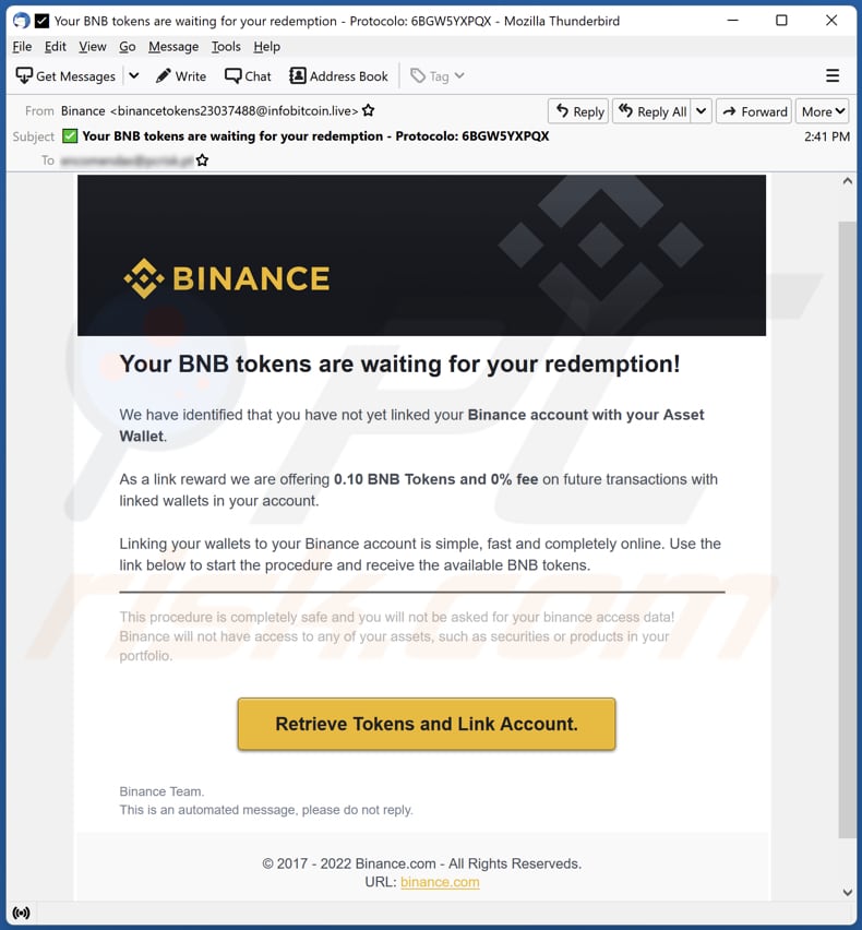 Binance email scam campaign