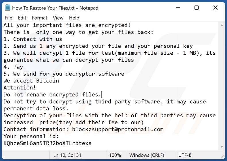 blockZ ransomware ransom-demanding message (How To Restore Your Files.txt)