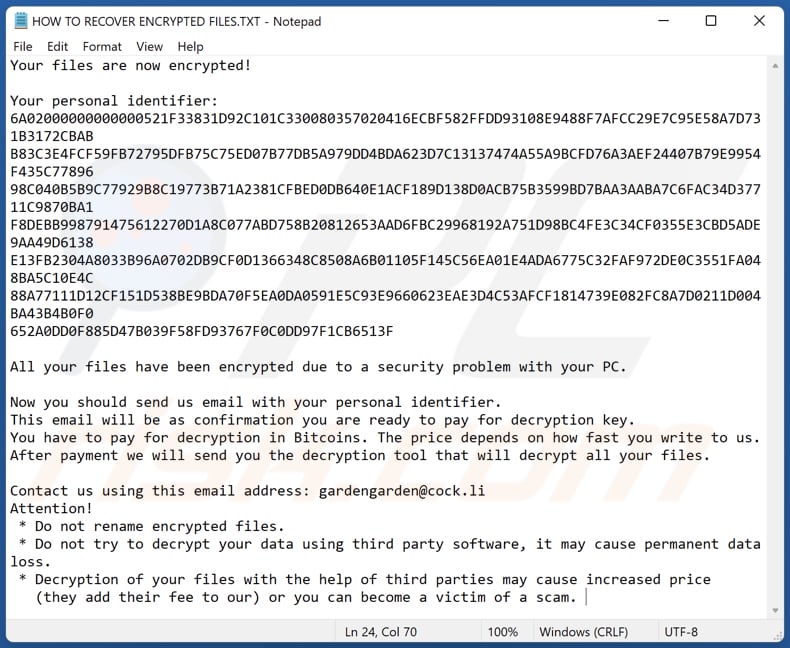 Bomber ransomware text file (HOW TO RECOVER ENCRYPTED FILES.TXT)