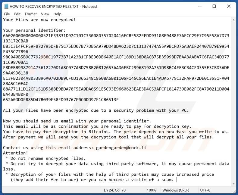 Bomber ransomware text file (HOW TO RECOVER ENCRYPTED FILES.TXT)