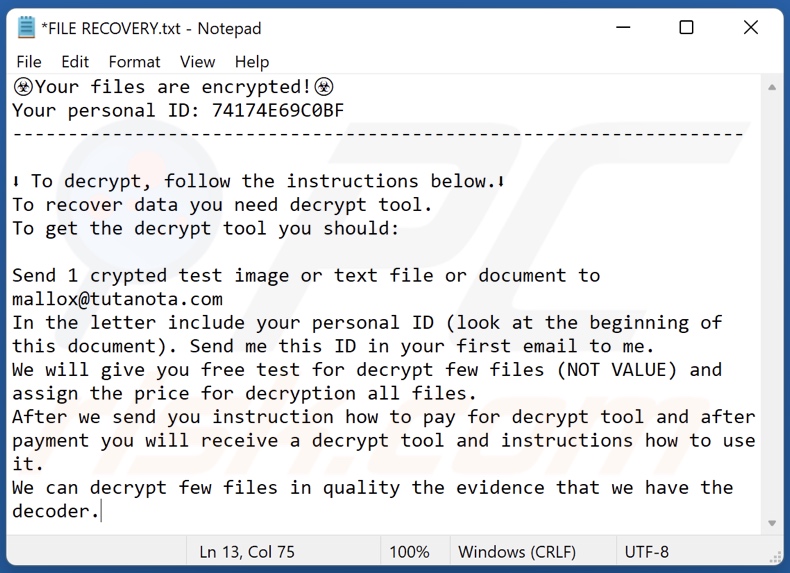 Bozon ransomware ransom-demanding message (FILE RECOVERY.txt)