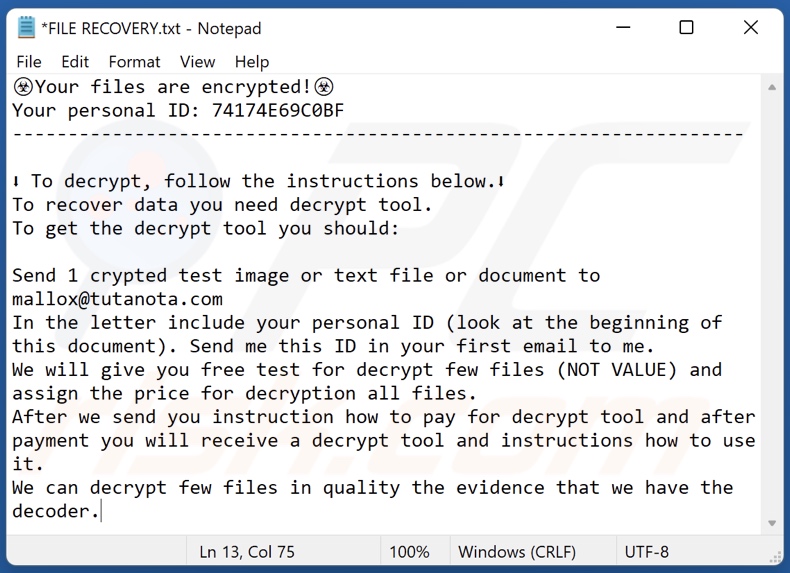 Bozon ransomware ransom-demanding message (FILE RECOVERY.txt)