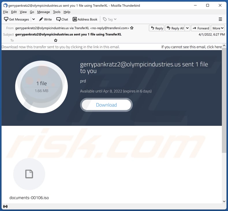 Malicious email distributing Bumblebee malware