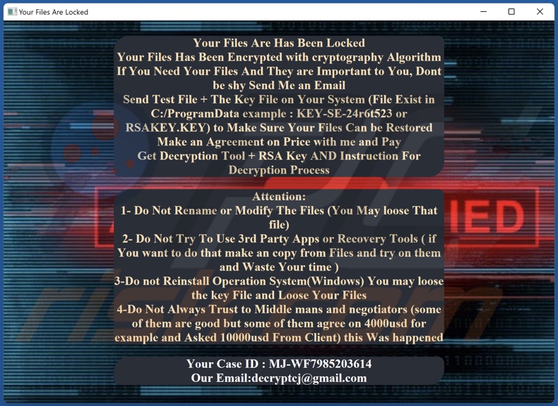 Cj ransomware ransom-demanding message (Decryption-Guide.HTA)