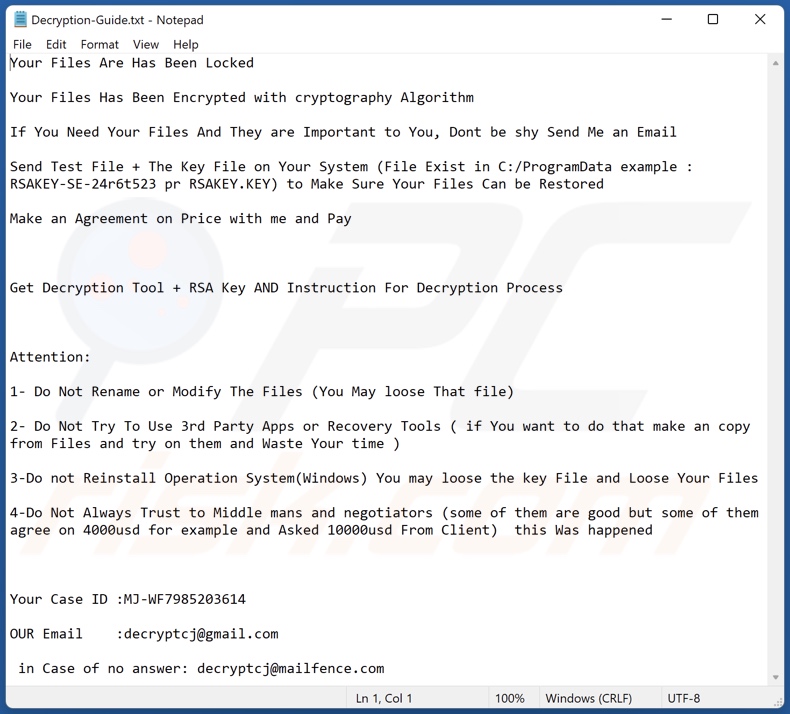 Cj ransomware text file (Decryption-Guide.txt)