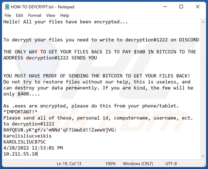 Decryption#1222 ransomware text file (HOW TO DEYCRYPT.txt)