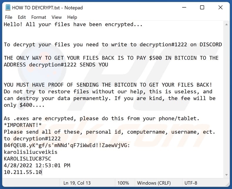 Decryption#1222 ransomware text file (HOW TO DEYCRYPT.txt)