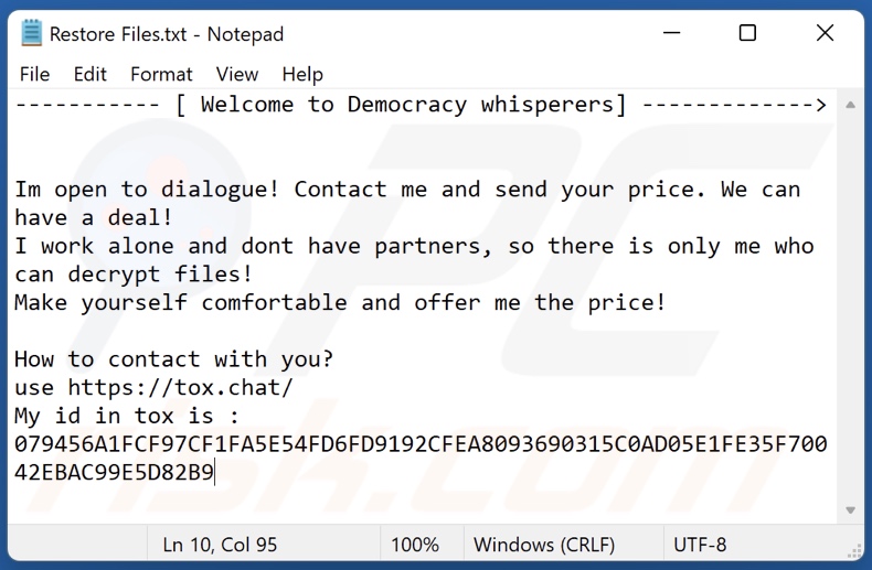Democracy Whisperers ransomware ransom-demanding message (Restore Files.txt)