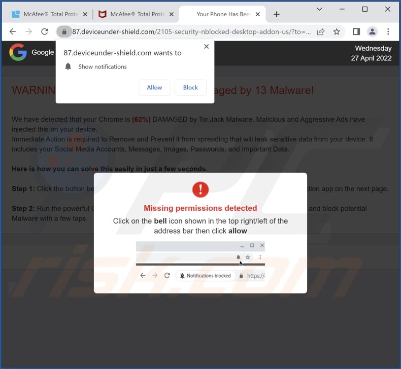 deviceunder-shield[.]com pop-up redirects