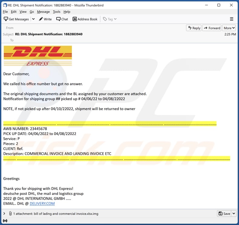 DHL Express - Called But Got No Answer email virus
