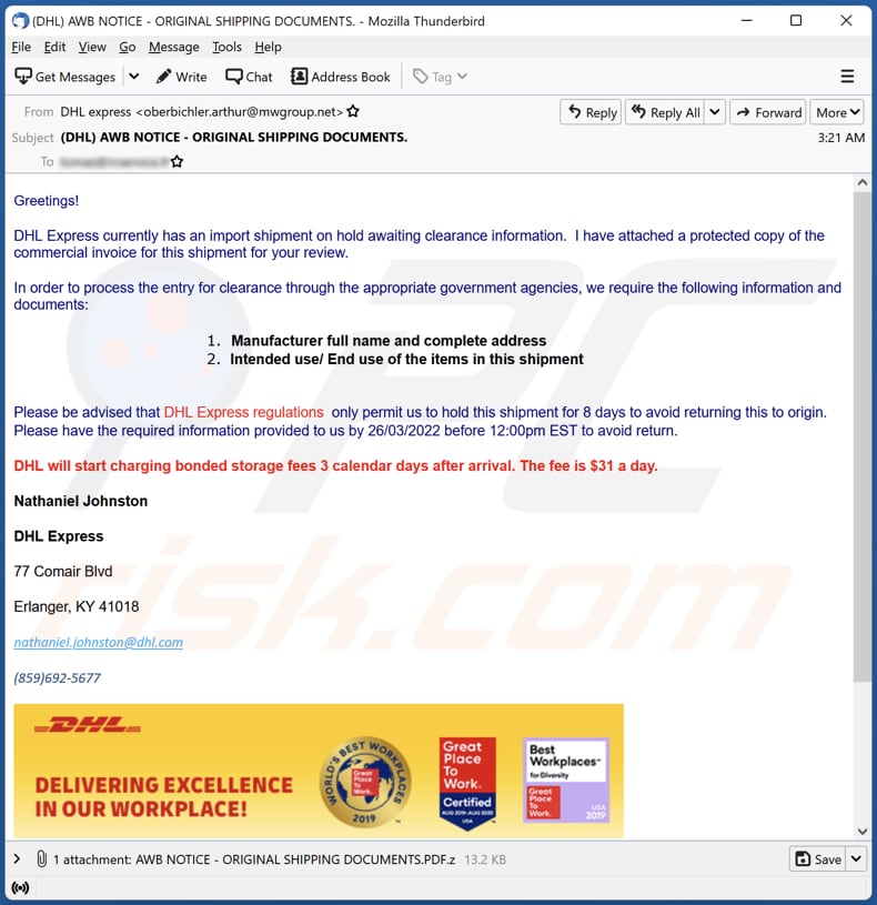 DHL Express Import Shipment On Hold malicious email