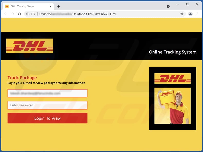 dhl your goods are in transit email scam deceptive website