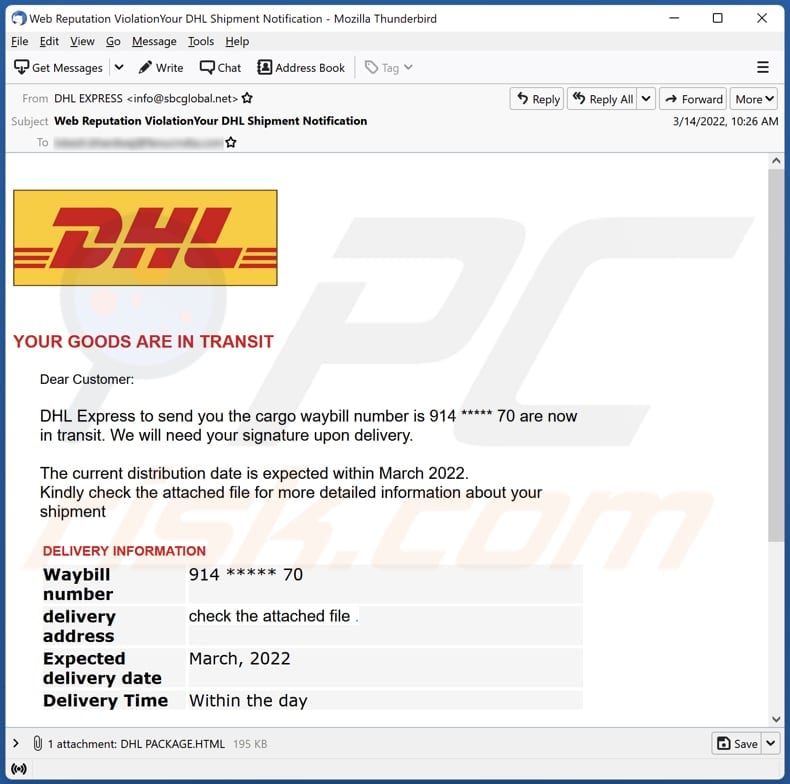 DHL - YOUR GOODS ARE IN TRANSIT email scam