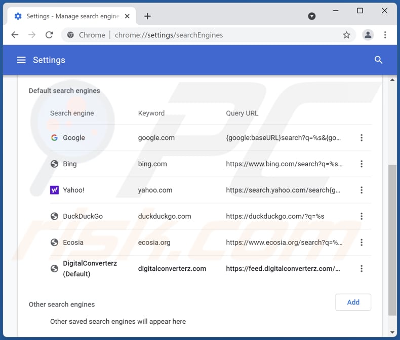 Removing digitalconverterz.com from Google Chrome default search engine