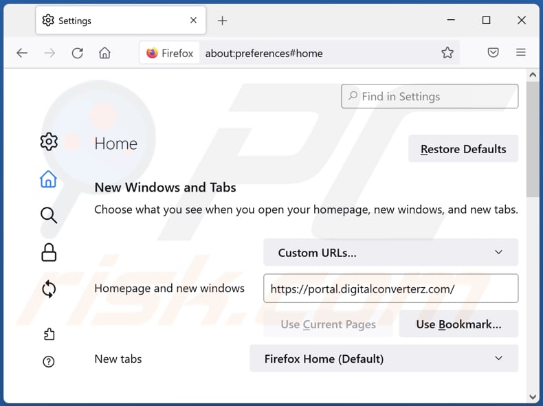 Removing digitalconverterz.com from Mozilla Firefox homepage