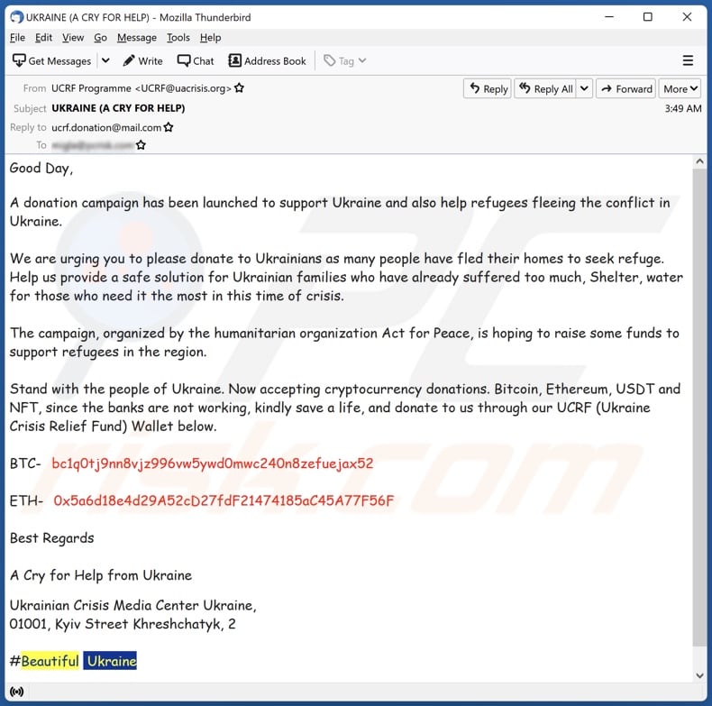 Donation Campaign Has Been Launched To Support Ukraine email scam