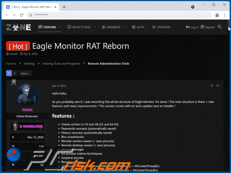 Eagle Monitor promoted on a hacker forum