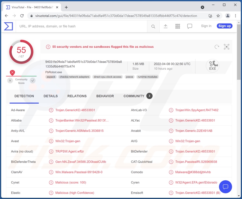 FFDroider malware detections on VirusTotal