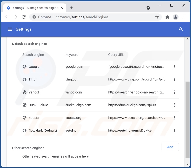 Removing getsins.com from Google Chrome default search engine