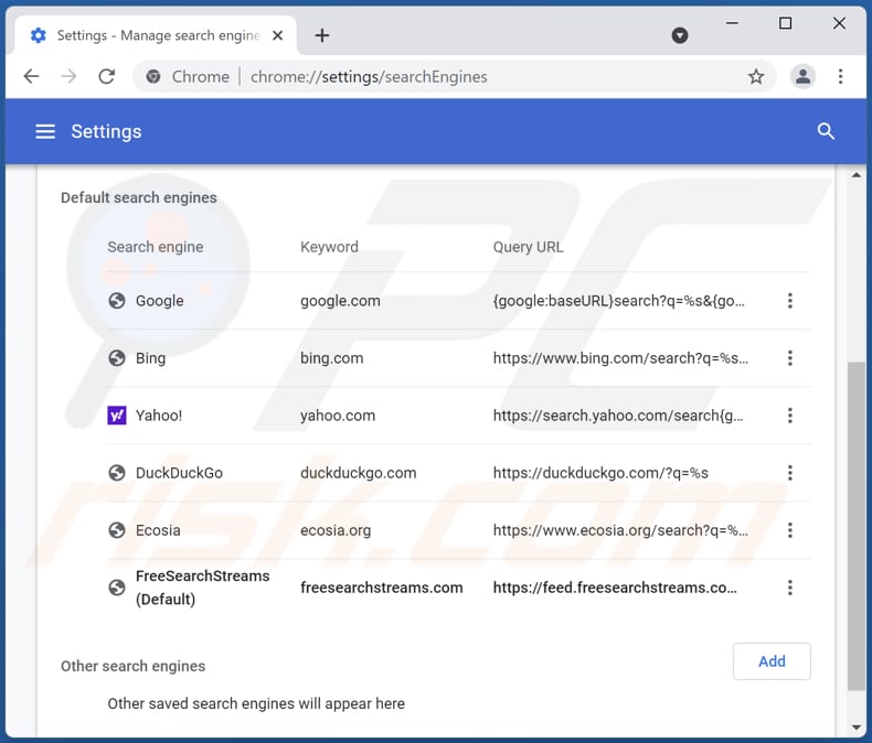 Removing freesearchstreams.com from Google Chrome default search engine