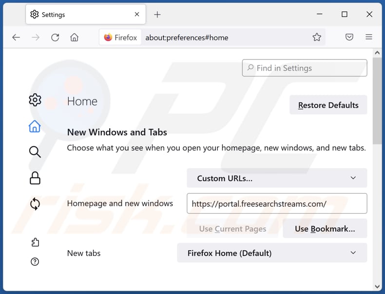 Removing freesearchstreams.com from Mozilla Firefox homepage