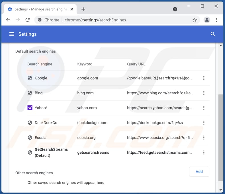 Removing getsearchstreams.com from Google Chrome default search engine