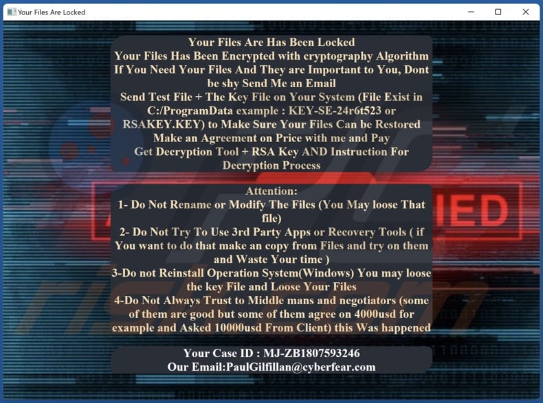 Gilfillan ransomware ransom-demanding message (Decryption-Guide.HTA)