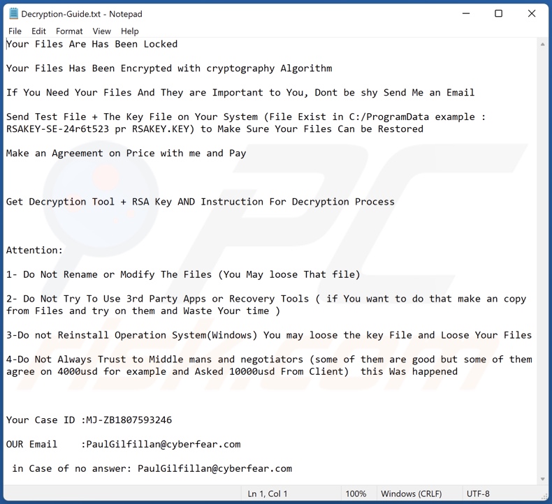 Gilfillan ransomware text file (Decryption-Guide.txt)