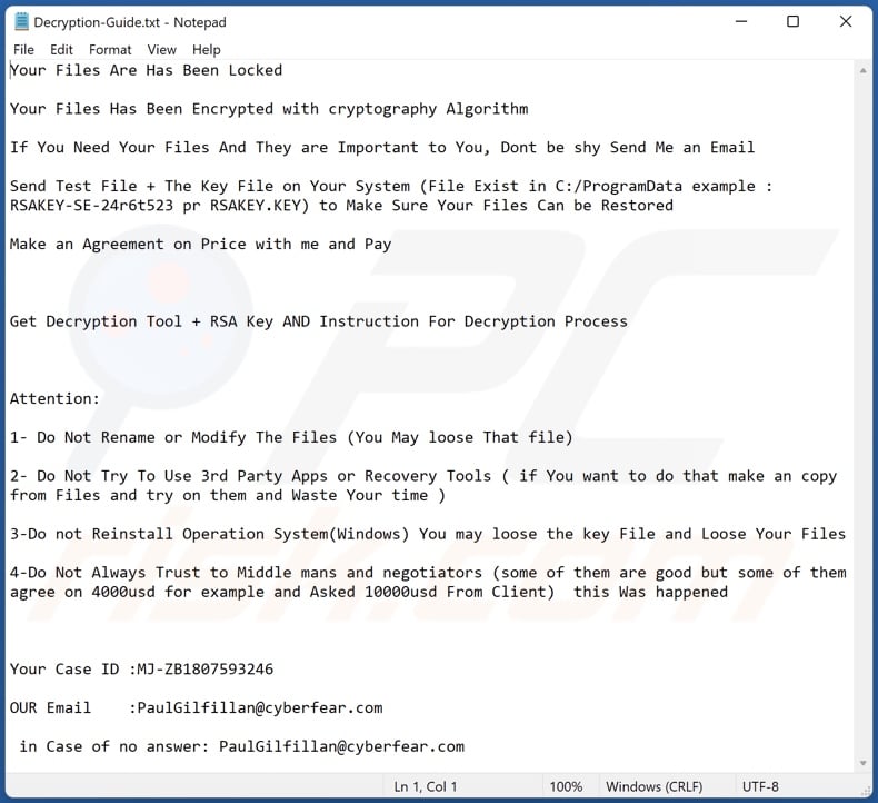 Gilfillan ransomware text file (Decryption-Guide.txt)