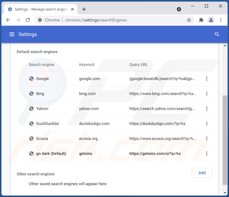 Removing getsins.com from Google Chrome default search engine