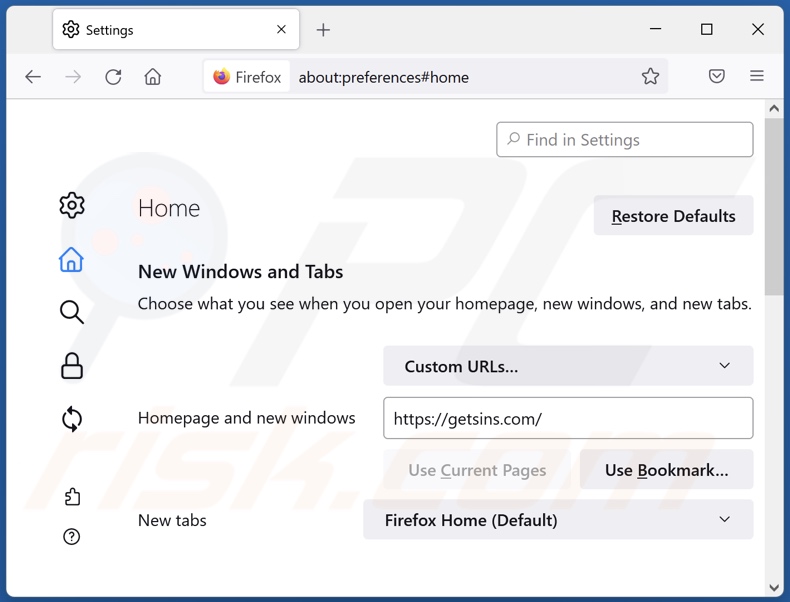 Removing getsins.com from Mozilla Firefox homepage