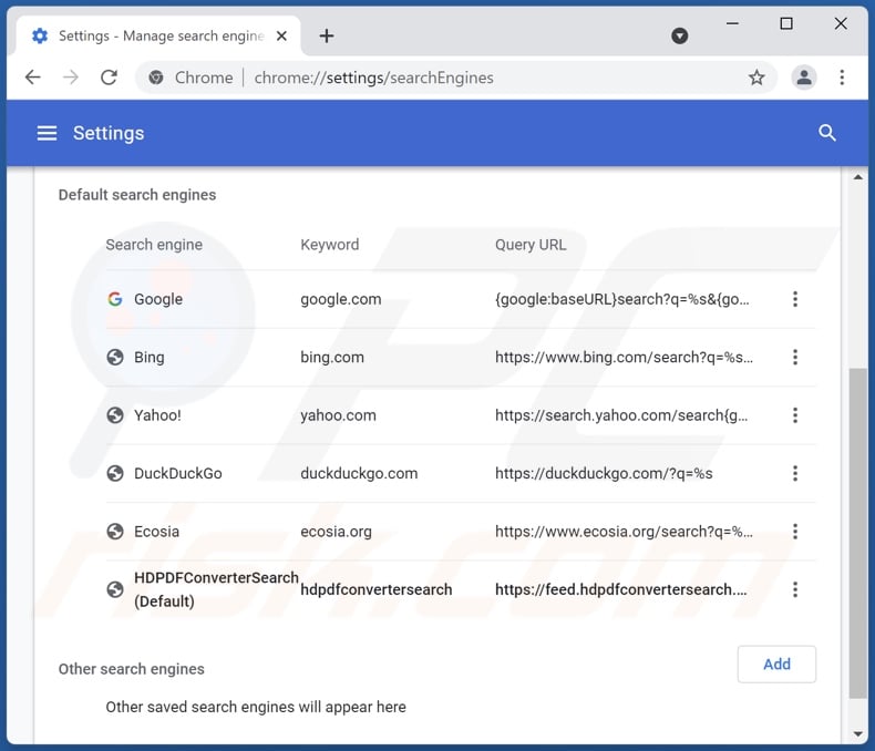 Removing hdpdfconvertersearch.com from Google Chrome default search engine