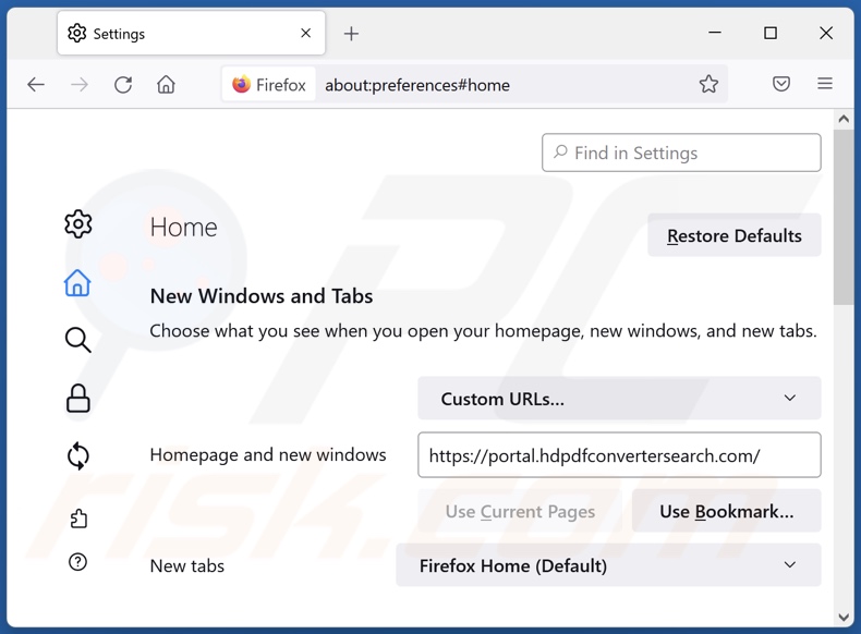 Removing hdpdfconvertersearch.com from Mozilla Firefox homepage
