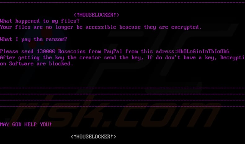 HOUSELOCKER ransomware ransom note displayed after system restart