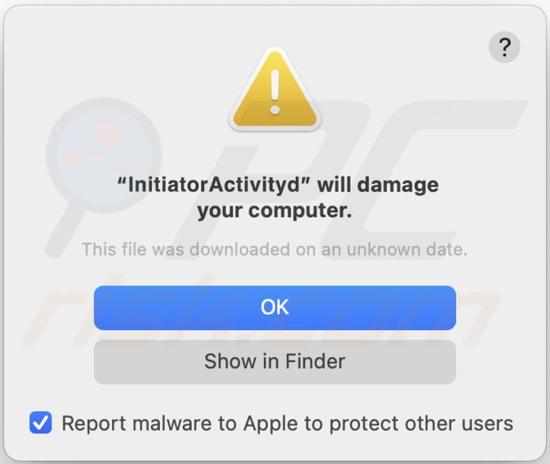 Pop-up displayed when InitiatorActivity adware is detected on the system