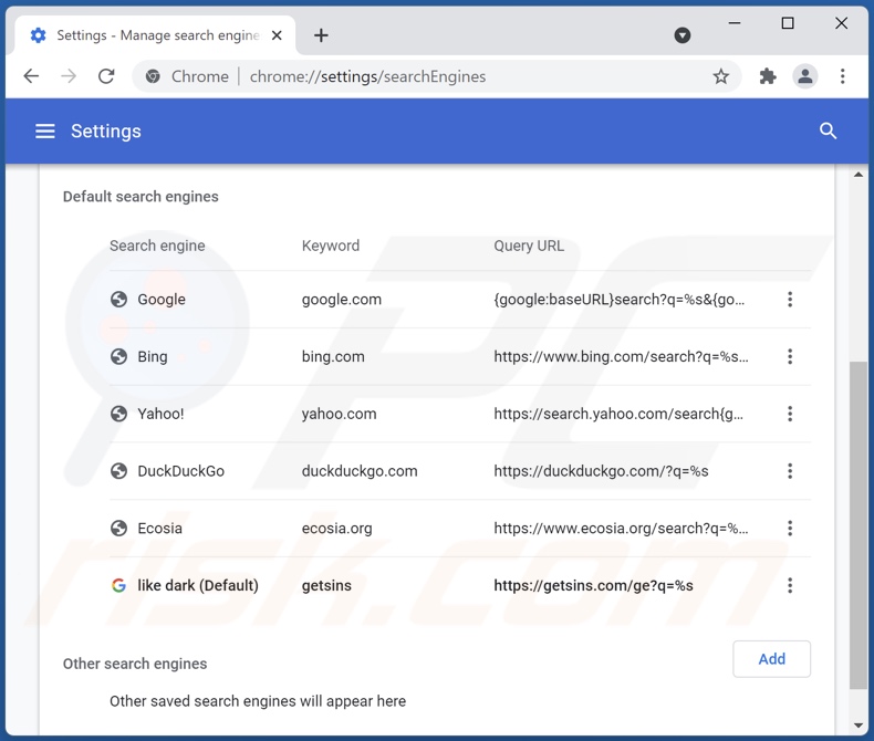 Removing getsins.com from Google Chrome default search engine