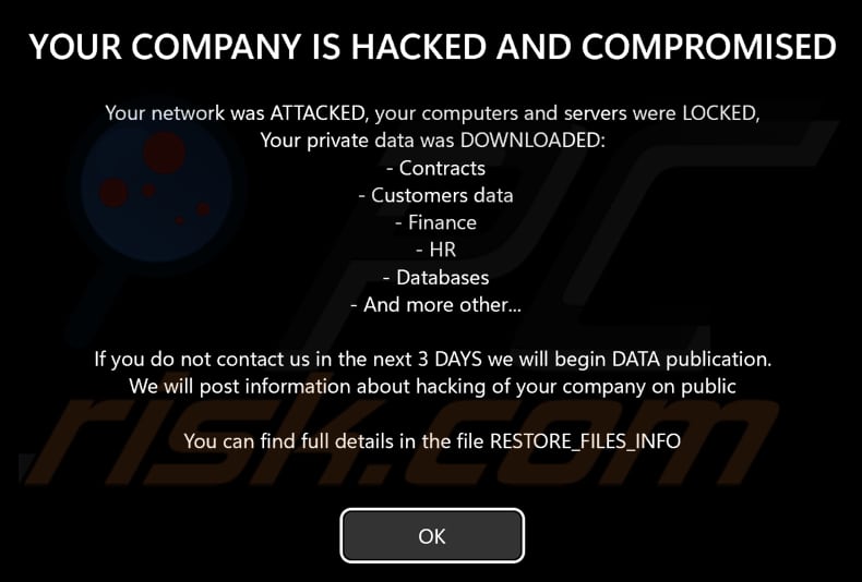MATILAN ransomware message displayed before the login screen
