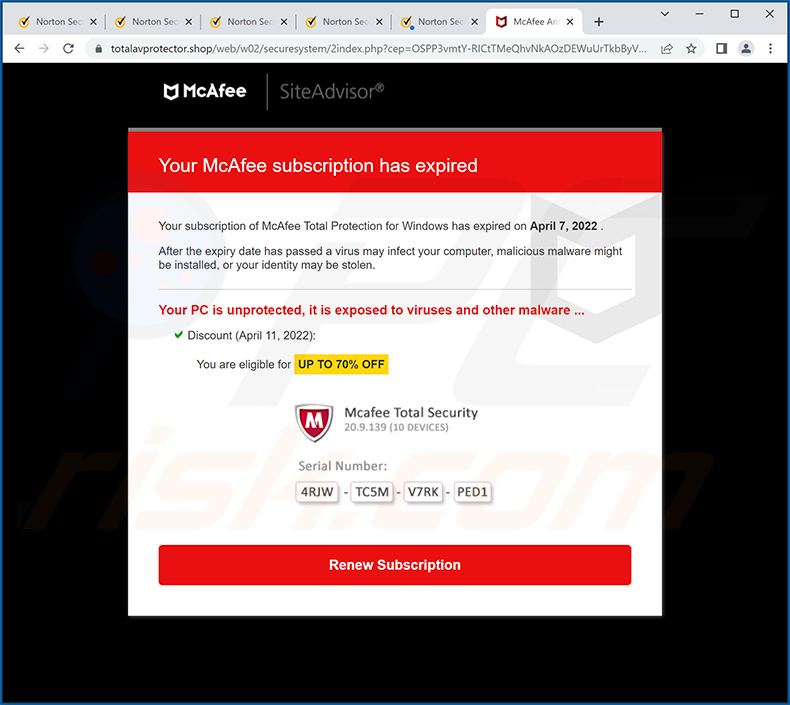 McAfee Total Protection Has Expired pop-up scam (sample 1 - 2022-04-13)