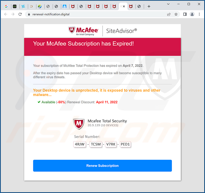 McAfee Total Protection Has Expired pop-up scam (sample 2 - 2022-04-13)