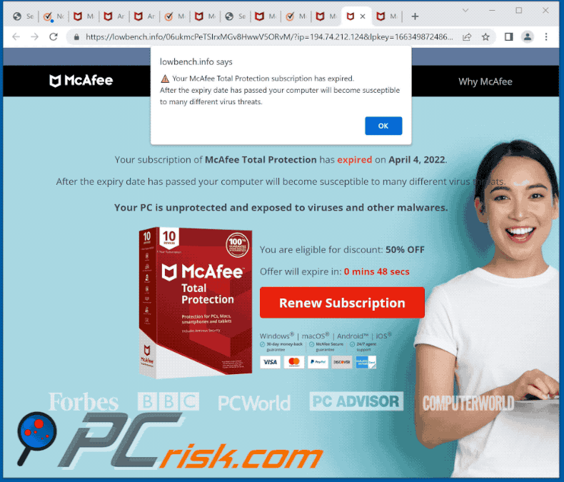 Appearance of McAfee Total Protection has expired scam (GIF)
