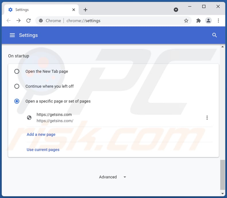 Removing getsins.com from Google Chrome homepage