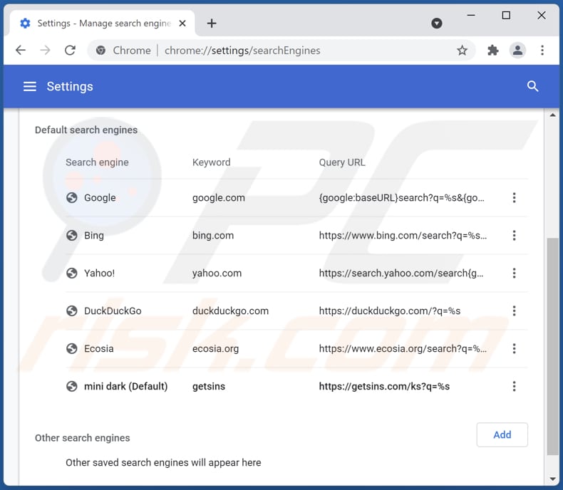 Removing getsins.com from Google Chrome default search engine