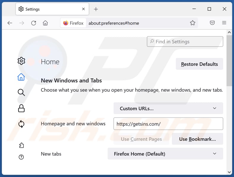 Removing getsins.com from Mozilla Firefox homepage