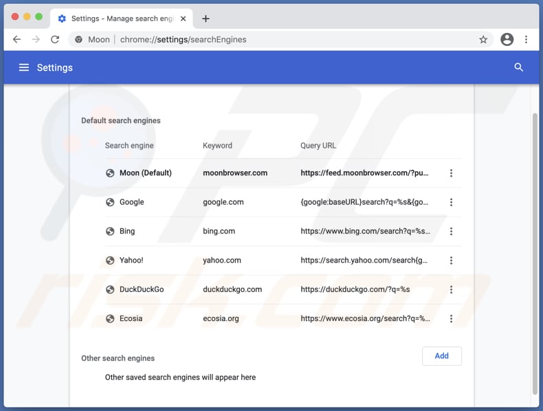 moon browser adware changes the default search engine to feed.moonbrowser.com