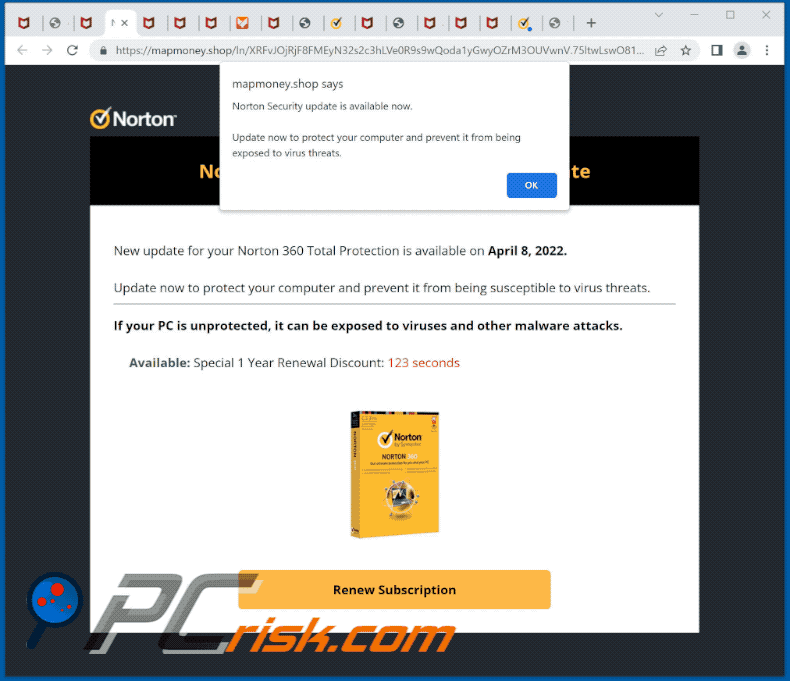 Appearance of Norton Security Update Is Available Now scam (GIF)