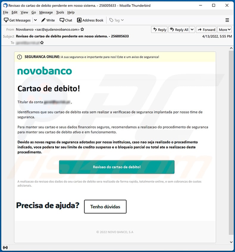 Novo Banco-themed spam campaign promoting a phishing site (2022-04-14)