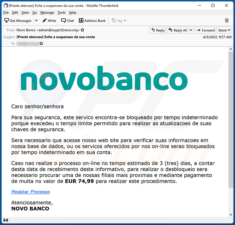 Novo Banco-themed spam email used to promote a phishing site (2022-04-04)