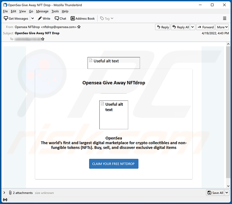 OpenSea-themed spam email promoting an NTF scam