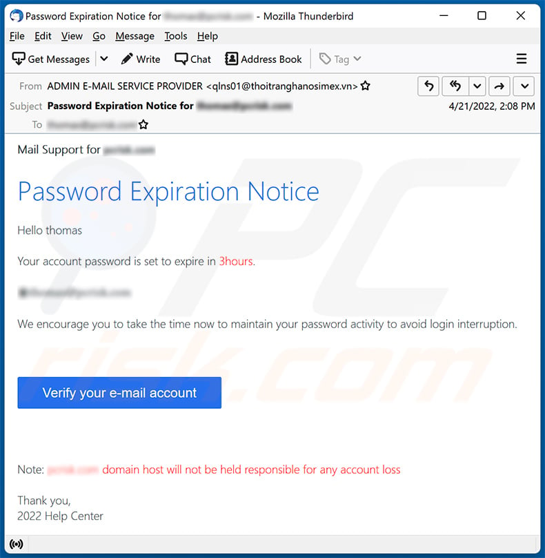 Password expiration notice-themed spam email (2022-04-26)
