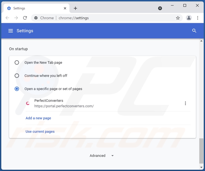 Removing perfectconverters.com from Google Chrome homepage